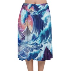 Storm Tsunami Waves Ocean Sea Nautical Nature Velvet Flared Midi Skirt by Jancukart