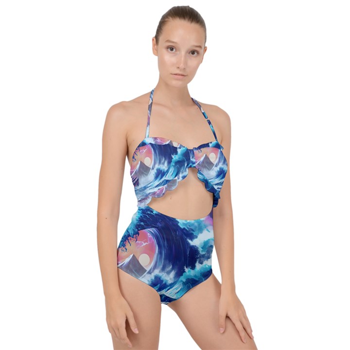 Storm Tsunami Waves Ocean Sea Nautical Nature Scallop Top Cut Out Swimsuit