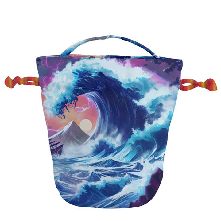 Storm Tsunami Waves Ocean Sea Nautical Nature Drawstring Bucket Bag