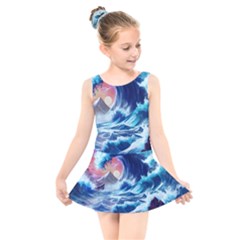 Storm Tsunami Waves Ocean Sea Nautical Nature Kids  Skater Dress Swimsuit by Jancukart