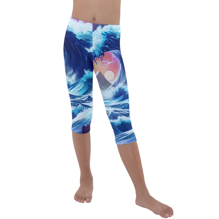 Storm Tsunami Waves Ocean Sea Nautical Nature Kids  Lightweight Velour Capri Leggings 