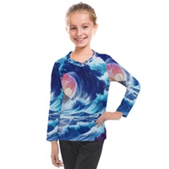 Storm Tsunami Waves Ocean Sea Nautical Nature Kids  Long Mesh Tee