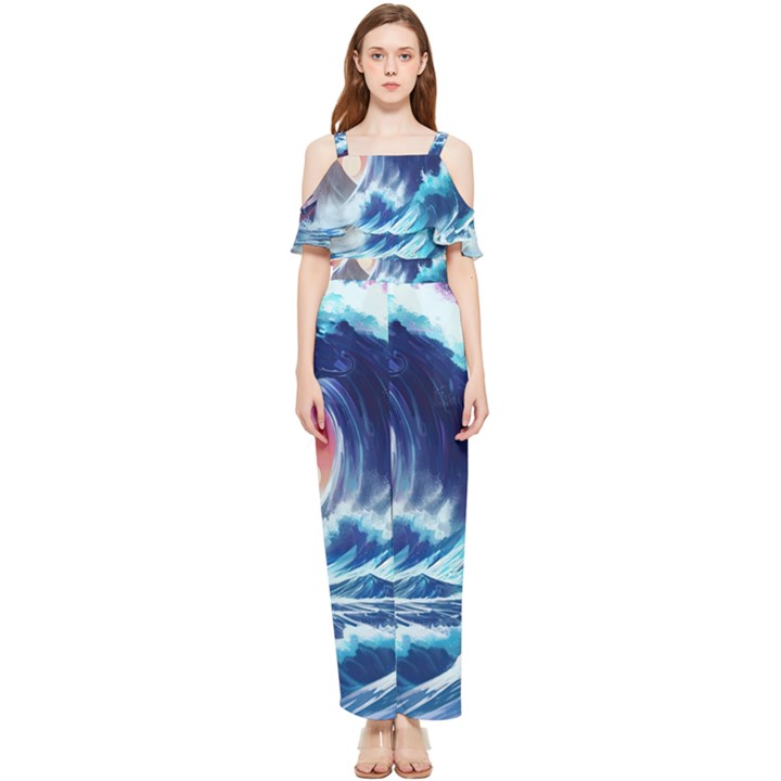 Storm Tsunami Waves Ocean Sea Nautical Nature Draped Sleeveless Chiffon Jumpsuit