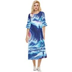 Storm Tsunami Waves Ocean Sea Nautical Nature Double Cuff Midi Dress