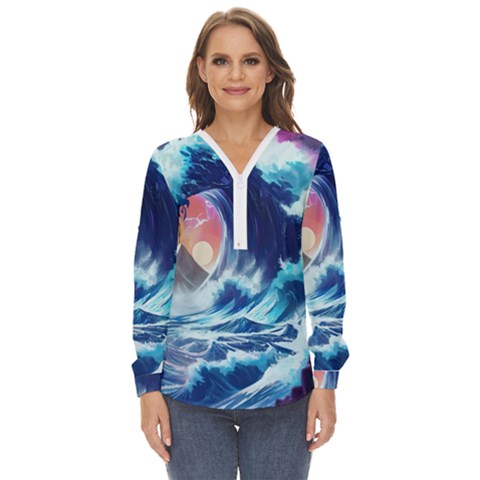 Storm Tsunami Waves Ocean Sea Nautical Nature Zip Up Long Sleeve Blouse by Jancukart