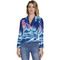 Storm Tsunami Waves Ocean Sea Nautical Nature Women s Long Sleeve Revers Collar Cropped Jacket