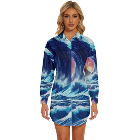 Storm Tsunami Waves Ocean Sea Nautical Nature Womens Long Sleeve Shirt Dress by Jancukart