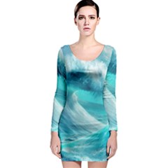 Tsunami Waves Ocean Sea Nautical Nature Water Tidal Long Sleeve Bodycon Dress by Jancukart