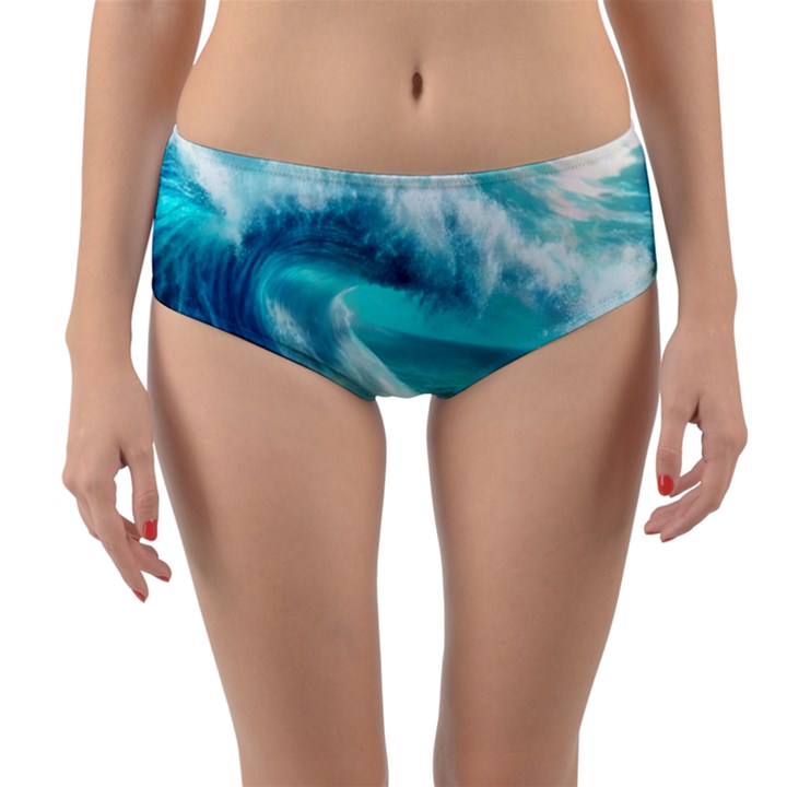 Tsunami Waves Ocean Sea Nautical Nature Water Tidal Reversible Mid-Waist Bikini Bottoms