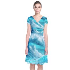 Tsunami Waves Ocean Sea Nautical Nature Water Tidal Short Sleeve Front Wrap Dress