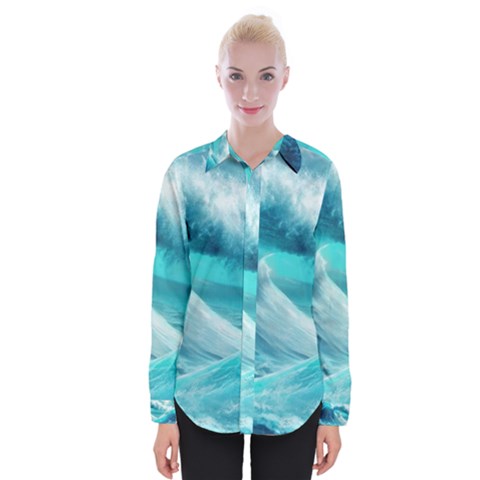 Tsunami Waves Ocean Sea Nautical Nature Water Tidal Womens Long Sleeve Shirt by Jancukart