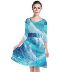 Tsunami Waves Ocean Sea Nautical Nature Water Tidal Quarter Sleeve Waist Band Dress