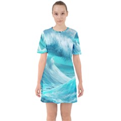 Tsunami Waves Ocean Sea Nautical Nature Water Tidal Sixties Short Sleeve Mini Dress