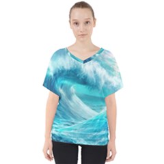 Tsunami Waves Ocean Sea Nautical Nature Water Tidal V-neck Dolman Drape Top by Jancukart