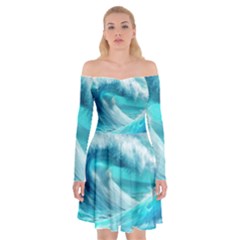 Tsunami Waves Ocean Sea Nautical Nature Water Tidal Off Shoulder Skater Dress