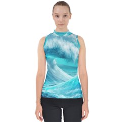 Tsunami Waves Ocean Sea Nautical Nature Water Tidal Mock Neck Shell Top by Jancukart