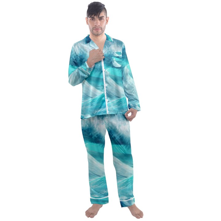 Tsunami Waves Ocean Sea Nautical Nature Water Tidal Men s Long Sleeve Satin Pajamas Set