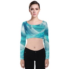 Tsunami Waves Ocean Sea Nautical Nature Water Tidal Velvet Long Sleeve Crop Top