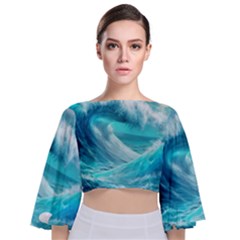 Tsunami Waves Ocean Sea Nautical Nature Water Tidal Tie Back Butterfly Sleeve Chiffon Top