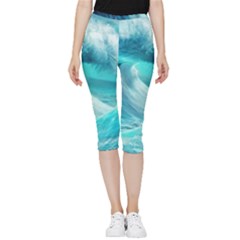 Tsunami Waves Ocean Sea Nautical Nature Water Tidal Inside Out Lightweight Velour Capri Leggings  by Jancukart