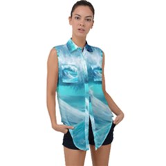 Tsunami Waves Ocean Sea Nautical Nature Water Tidal Sleeveless Chiffon Button Shirt