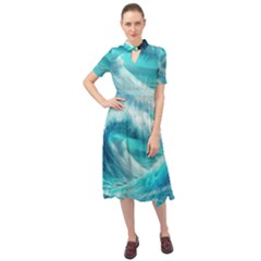 Tsunami Waves Ocean Sea Nautical Nature Water Tidal Keyhole Neckline Chiffon Dress