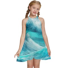 Tsunami Waves Ocean Sea Nautical Nature Water Tidal Kids  Halter Collar Waist Tie Chiffon Dress by Jancukart