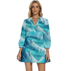 Tsunami Waves Ocean Sea Nautical Nature Water Tidal V-neck Placket Mini Dress by Jancukart