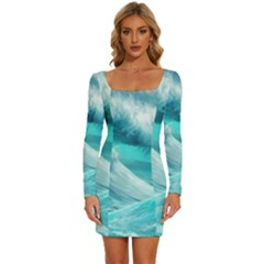 Tsunami Waves Ocean Sea Nautical Nature Water Tidal Long Sleeve Square Neck Bodycon Velvet Dress by Jancukart