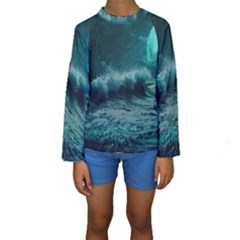 Waves Ocean Sea Tsunami Nautical 2 Kids  Long Sleeve Swimwear