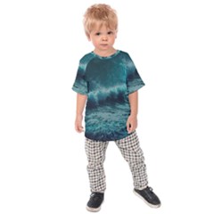 Waves Ocean Sea Tsunami Nautical 2 Kids  Raglan Tee