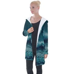 Waves Ocean Sea Tsunami Nautical 2 Longline Hooded Cardigan by Jancukart