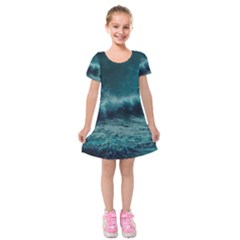 Waves Ocean Sea Tsunami Nautical 2 Kids  Short Sleeve Velvet Dress