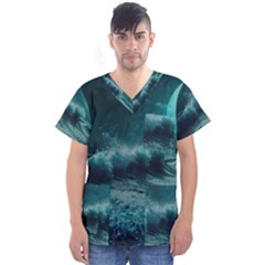 Waves Ocean Sea Tsunami Nautical 2 Men s V-neck Scrub Top