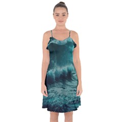 Waves Ocean Sea Tsunami Nautical 2 Ruffle Detail Chiffon Dress