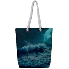 Waves Ocean Sea Tsunami Nautical 2 Full Print Rope Handle Tote (small)