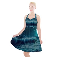 Waves Ocean Sea Tsunami Nautical 2 Halter Party Swing Dress 