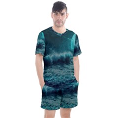 Waves Ocean Sea Tsunami Nautical 2 Men s Mesh Tee And Shorts Set