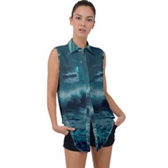 Waves Ocean Sea Tsunami Nautical 2 Sleeveless Chiffon Button Shirt