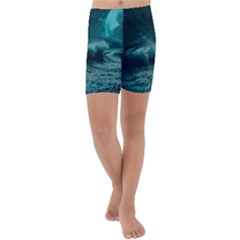 Waves Ocean Sea Tsunami Nautical 2 Kids  Lightweight Velour Capri Yoga Leggings