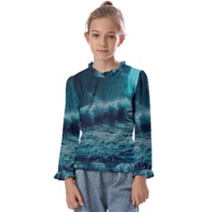 Waves Ocean Sea Tsunami Nautical 2 Kids  Frill Detail Tee