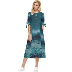 Waves Ocean Sea Tsunami Nautical 2 Bow Sleeve Chiffon Midi Dress by Jancukart