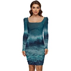 Waves Ocean Sea Tsunami Nautical 2 Women Long Sleeve Ruched Stretch Jersey Dress