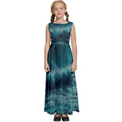 Waves Ocean Sea Tsunami Nautical 2 Kids  Satin Sleeveless Maxi Dress