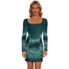 Waves Ocean Sea Tsunami Nautical 2 Long Sleeve Square Neck Bodycon Velvet Dress by Jancukart