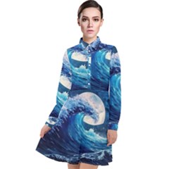 Tsunami Waves Ocean Sea Nautical Nature Water Moon Long Sleeve Chiffon Shirt Dress by Jancukart