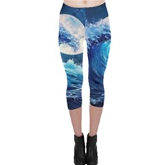 Tsunami Waves Ocean Sea Nautical Nature Water Moon Capri Leggings  by Jancukart