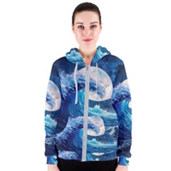 Tsunami Waves Ocean Sea Nautical Nature Water Moon Women s Zipper Hoodie by Jancukart