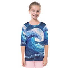 Tsunami Waves Ocean Sea Nautical Nature Water Moon Kids  Quarter Sleeve Raglan Tee