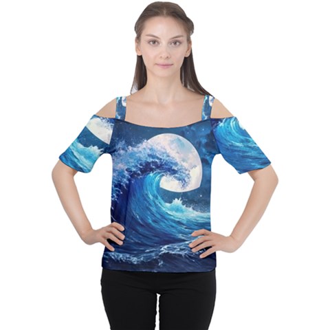 Tsunami Waves Ocean Sea Nautical Nature Water Moon Cutout Shoulder Tee by Jancukart